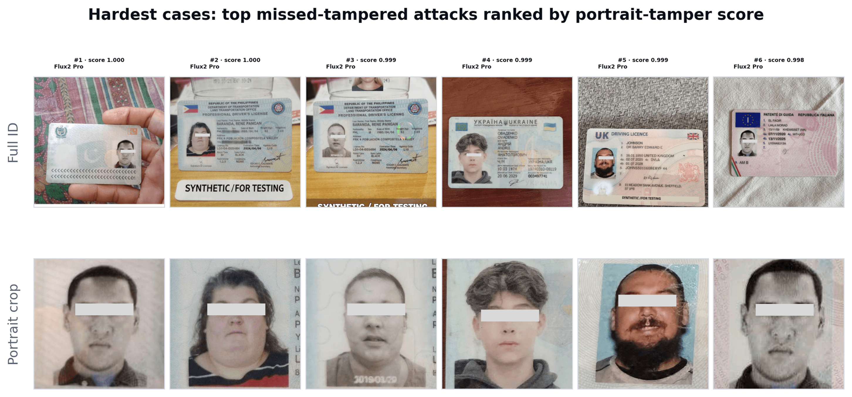 Figure 8b — hardest false-negatives ranked by portrait-tamper score